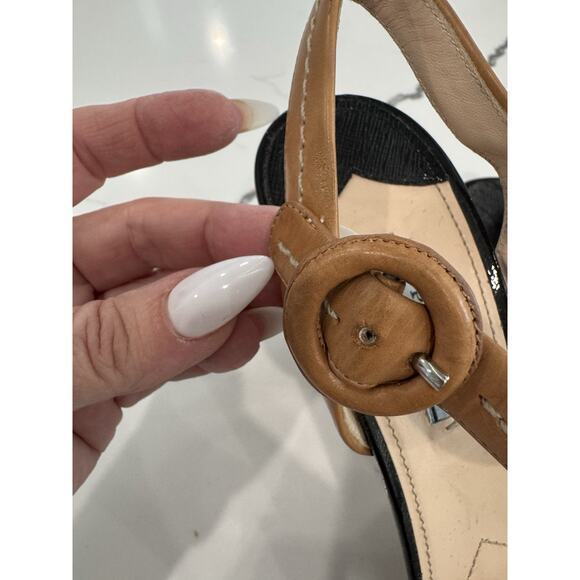 Prada black patent & tan leather bow high block heel Cork platform sandals Sz 40 - Picture 9 of 10